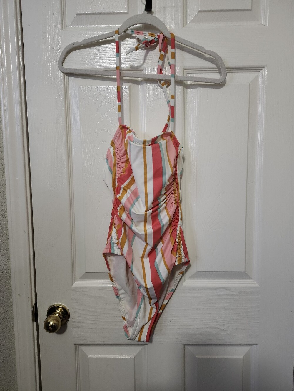 Girls Striped Halter One-Piece Swimsuit - Pink Multi